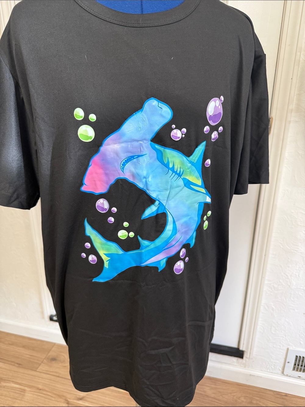 Amazon Black Tee with Multicolor Shark Graphic